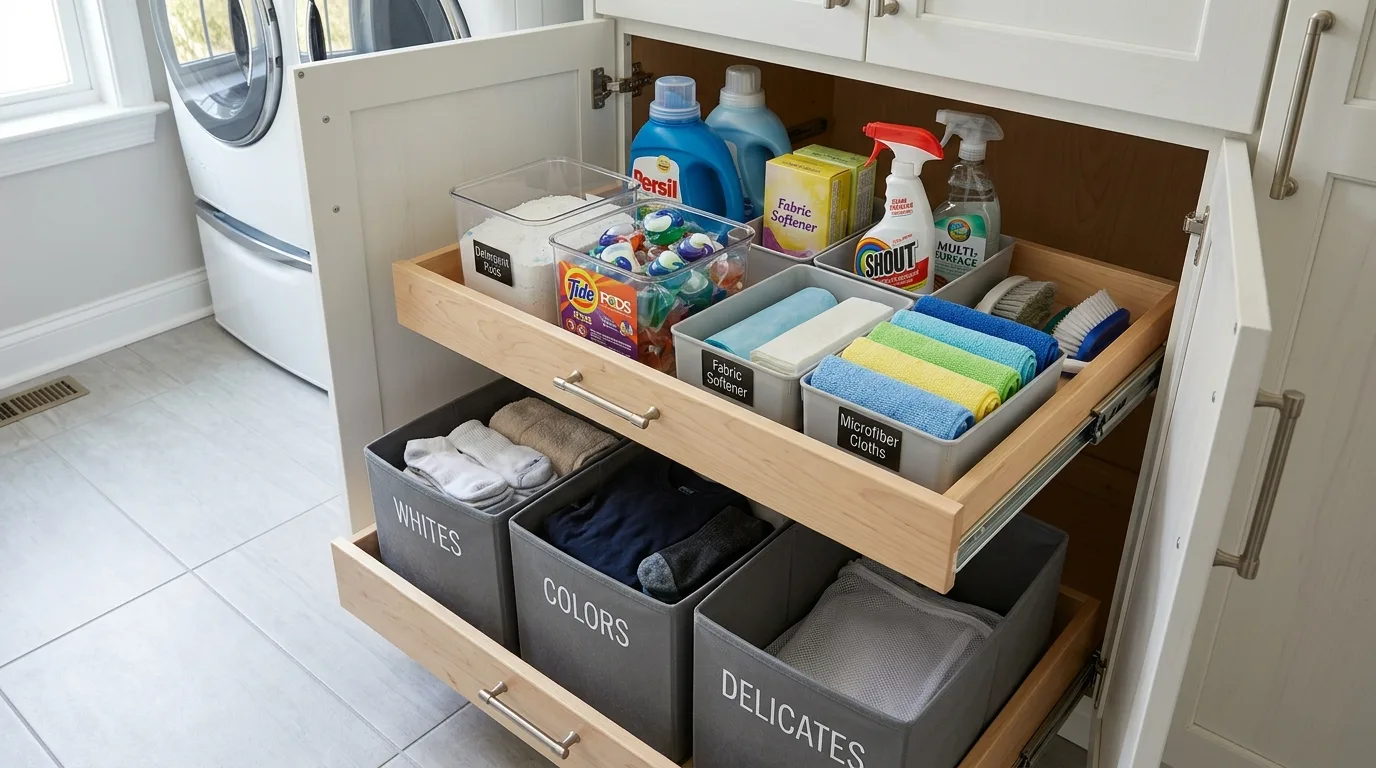 Move more storage onto the wall inspiration for an organized laundry room.